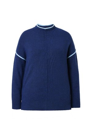 Donkerblauwe lange mouw trui met lichtblauwe afwerking op de kraag en mouwen, geribde manchetten en onderrand.