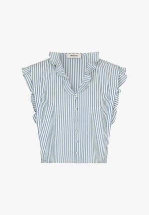 Prúhľavá blúzka s krátkym rukávom v modro-bielej farbe, s volánovým golierom, zapínaním na gombíky a voľným strihom. Vyrobené z bavlny.