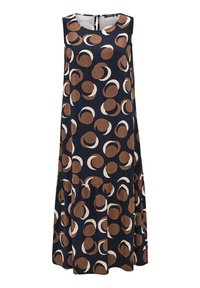 Sleeveless midi dress in dark navy fabric featuring a tiered design with large brown and cream circular patterns. Zipper closure at the back.