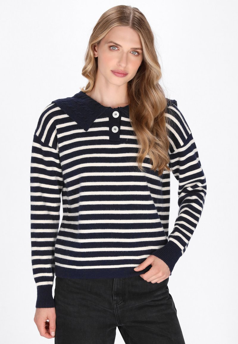 Maglione a righe navy e bianche con colletto testurizzato, tre bottoni sul collo e maniche lunghe. Materiale morbido e design aderente.