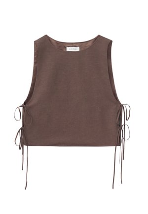 Mouwloos, bruin cropped topje met zijkanten die je kunt strikken, een ronde halslijn en gladde stof, ontworpen voor een aansluitende look en verstelbare pasvorm aan beide zijden.