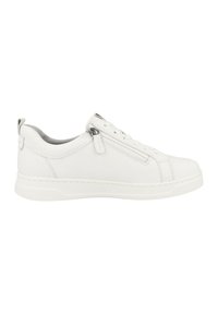 Sneaker in pelle bianca con punta arrotondata, design con lacci e dettaglio con zip laterale. Presenta una suola testurizzata e accenti di cucitura minima.