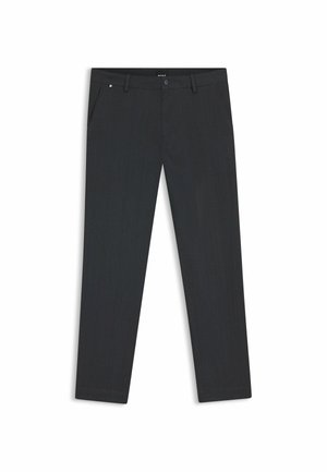 Pantaloni tailored grigio scuro con una texture liscia, vestibilità slim, tasche frontali e un motivo discreto, con chiusura a bottone e passanti per cintura.