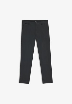 Dark gray tailored trousers featuring a smooth texture, slim fit, front pockets, and a subtle pattern, with a button closure and belt loops.