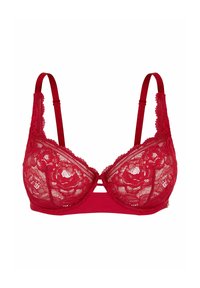 Bralette en dentelle rouge avec bonnets rembourrés. Doté de bretelles ajustables, d'un design en dentelle florale et d'une bande inférieure lisse. Comprend des accents en métal décoratifs.
