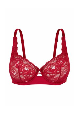 Bralette en dentelle rouge avec bonnets rembourrés. Doté de bretelles ajustables, d'un design en dentelle florale et d'une bande inférieure lisse. Comprend des accents en métal décoratifs.