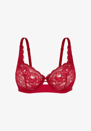 Roter Spitzen-Bralette mit gepolsterten Cups. Mit verstellbaren Trägern, floraler Spitzenoptik und einem glatten Unterband. Enthält dekorative Hardware-Details.