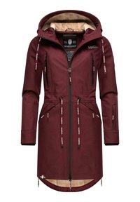 Burgundy long coat with a fleece-lined hood, multiple zippered pockets, adjustable drawstrings, and a curved hemline. Made from a soft fabric.