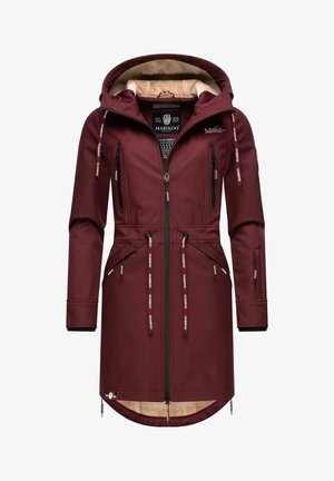 Burgundski dolg plašč z kapuco podloženo s flisom, več zadrge žepov, nastavljive vrvi in ukrivljenim robom. Narejen iz mehke tkanine.