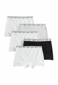Quatre paires de boxers en coton de couleur blanche, grise et noire, avec une ceinture noire portant l'inscription "NEXT" en blanc.