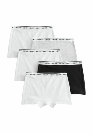 Patru perechi de boxeri din bumbac în alb, gri și negru, având un elastic negru cu inscripția "NEXT" în alb.
