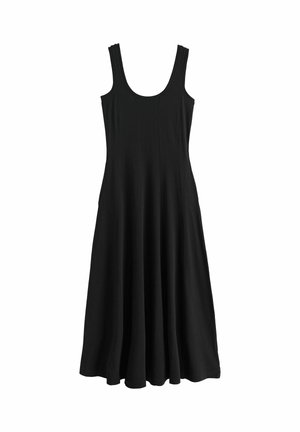 Ärmelloses schwarzes Maxikleid mit Rundhalsausschnitt und tailliertem Oberteil, das in einen breiten, ausgestellten Rock übergeht.