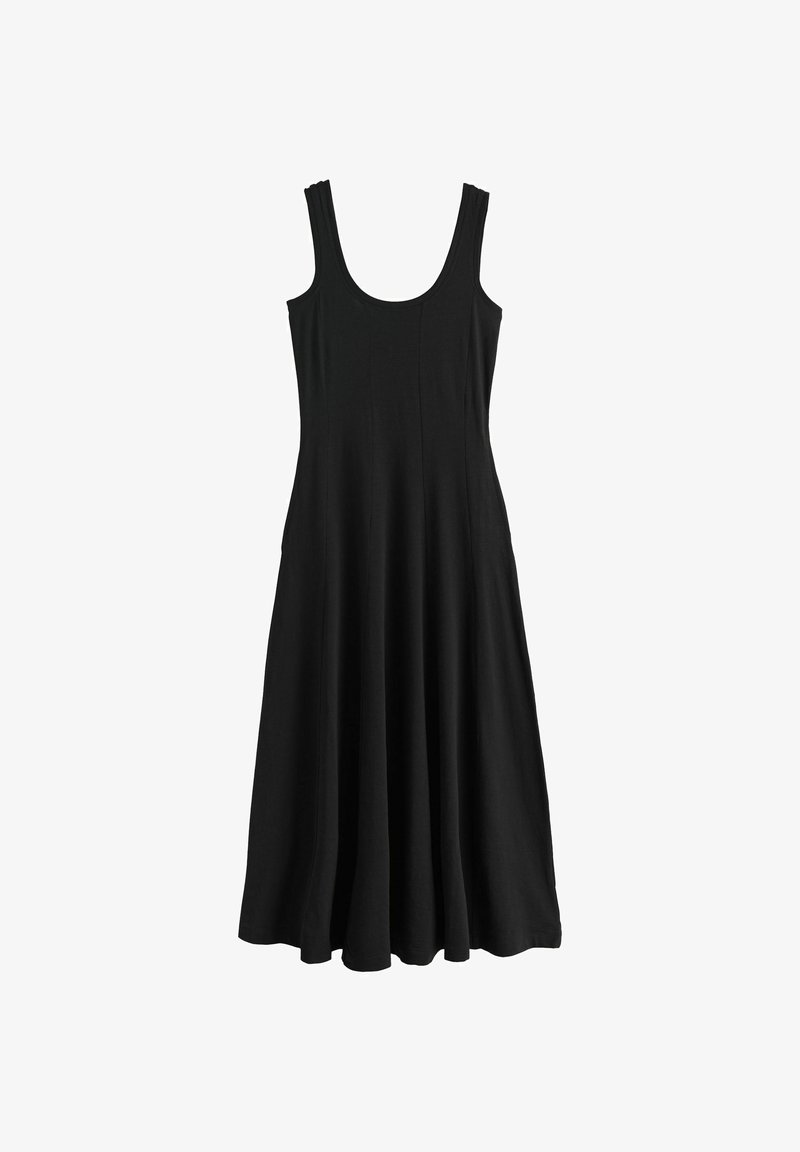Sleeveless black maxi dress with scoop neckline and fitted bodice, flowing into a wide, flared skirt.