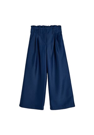 Marineblauwe wijde-pijp-broek van gladde stof met een geplooide voorkant en een elastische tailleband, voorzien van zijzakken en een nette zoom.