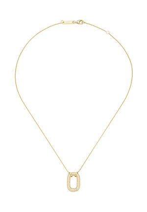 Delicate gold chain necklace with a small, oval-shaped pendant encrusted with tiny clear gemstones, featuring a lobster clasp closure.