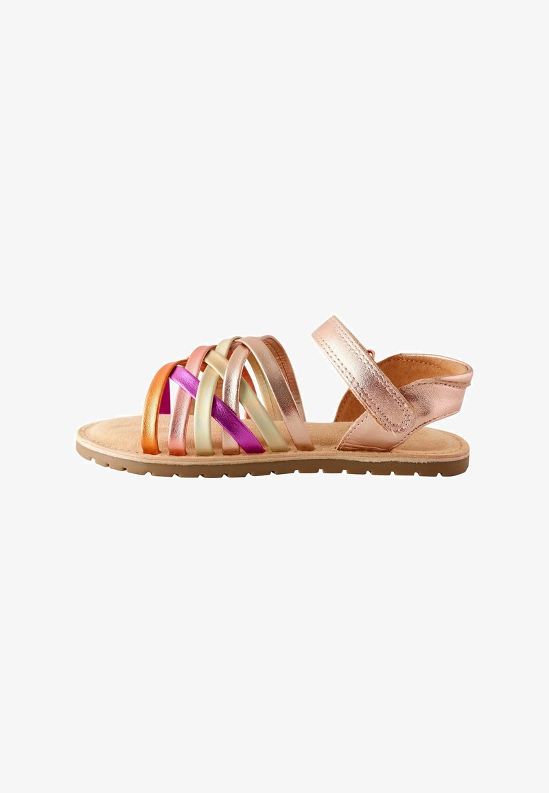 Strappy sandals featuring a mix of metallic pink, gold, and orange colors, with a flat sole and a back strap for secure fit.