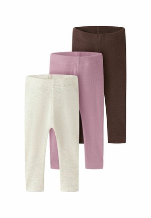 Trois paires de leggings en tricot côtelé pour enfants en crème, mauve et marron foncé, disposées en pile décalée.