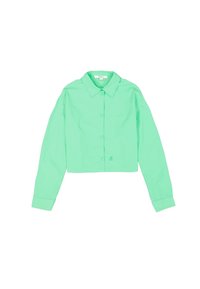 Hellgrünes, kurz geschnittenes Shirt aus glattem Stoff, mit einer Knopfleiste, Kragen und langen Ärmeln mit knöpfbaren Manschetten. Kleines Logo-Detail am Saum.