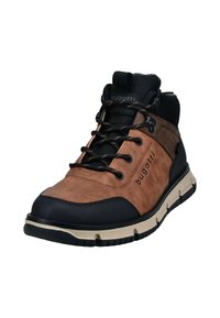 Scarpa mid-top marrone e nera con tomaia in pelle e sintetico, cuciture a contrasto, chiusura con lacci, suola testurizzata e dettaglio del logo.