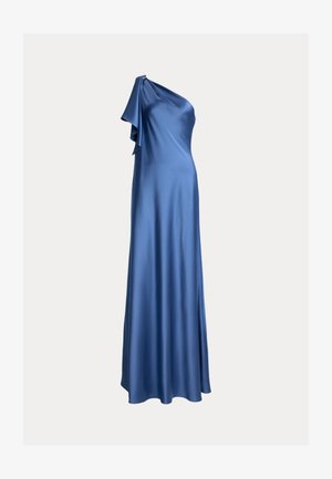 Ühe õlaga pikk kleit siledast sinisest satiinist, millel on voolav ülakeha kogutud detailiga ja klassikaline, voolujooneline siluett.