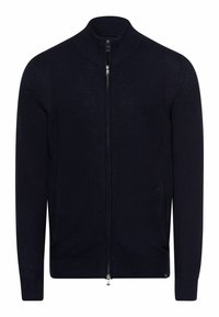 Marinefarbener Reißverschluss-Pullover aus strukturiertem Stoff. Verfügt über einen hohen Kragen, gerippte Bündchen und einen gerippten Saum. Beinhaltet zwei seitliche Taschen und einen silbernen Reißverschluss.