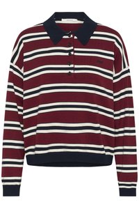 Long-sleeve polo shirt with navy collar, burgundy base, and horizontal navy and white stripes, featuring four front buttons and a small logo on chest.
