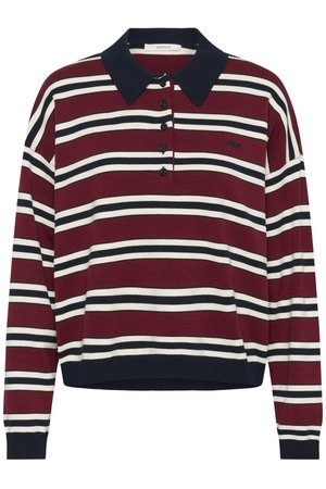 Long-sleeve polo shirt with navy collar, burgundy base, and horizontal navy and white stripes, featuring four front buttons and a small logo on chest.