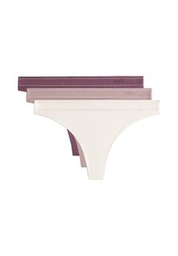 Set aus drei Tanga-Unterhosen in verschiedenen Farbtönen: Dunkelburgunder, helles Mauve und Creme. Jede ist mit einem weichen elastischen Bund ausgestattet.
