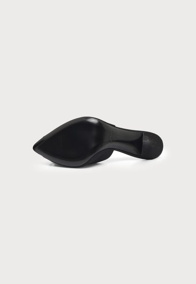 Chaussure à talon haut noire à bout pointu vue par en dessous, mettant en valeur la semelle et le talon sur un fond uni.