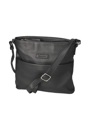 Czarna skórzana torba na ramię z regulowanym paskiem, przednią kieszenią, zamknięciem na zamek i teksturowaną powierzchnią.