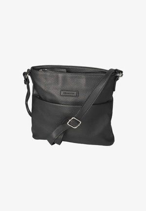 Zwarte leren crossbodytas met verstelbare riem, voorvak, ritssluiting en een gestructureerd oppervlak.