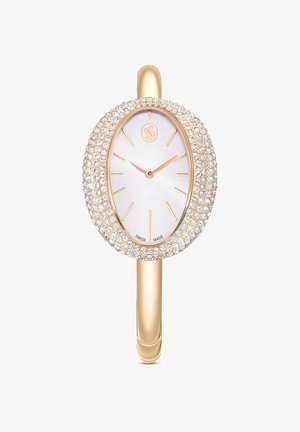 Ovale horloge in goudkleur met kristalversieringen, zilverkleurige gestructureerde wijzerplaat, gouden wijzers en een minimalistisch ontwerp. Zwitsers fabricaat-detail onderaan.