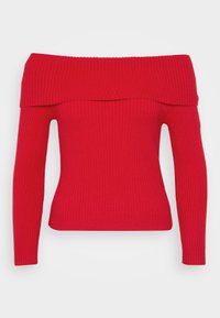 Rød ribbestrikket genser med avtagbare skuldre, lange ermer og tettsittende design, med en glatt og elastisk tekstur.