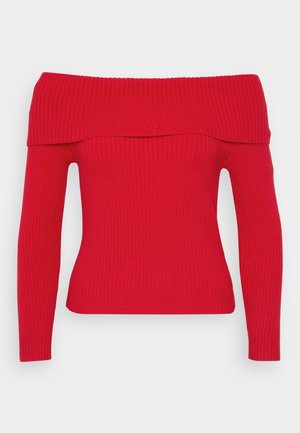 Suéter vermelho de ombro a descoberto, canelado, com mangas longas e design ajustado, apresentando uma textura suave e elástica.