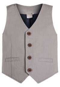 Gilet gris avec une finition texturée, dotée d'un col en V, de cinq boutons marron et de deux poches avant. Doublé d'un tissu foncé uni.