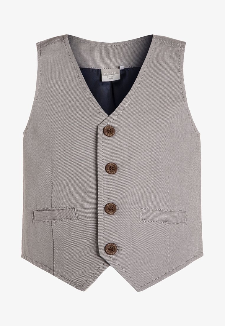 Gray vest with a textured finish, features a V-neck, five brown buttons, and two front pockets. Lined with a solid dark fabric.