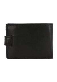 Černá kožená peněženka s texturovaným povrchem, skládací design a malou záložkou na boku. Šité švy poskytují další zpevnění.