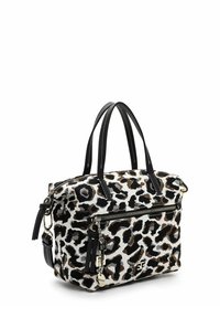 Tasche mit Leopardenmuster und schwarzen Lederelementen, doppelte obere Griffe, Reißverschlussverschluss, dekorativer Schlüsselanhänger und strukturierte rechteckige Form.