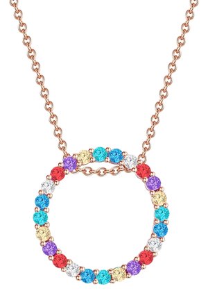Naszyjnik z łańcuszkiem z różowego złota z okrągłą zawieszką ozdobioną wielokolorowymi kamieniami szlachetnymi ułożonymi w ciągły pierścień.