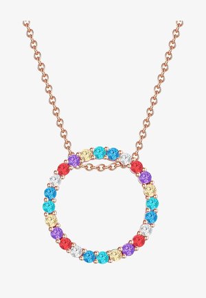 Collier chaîne en or rose avec un pendentif circulaire orné de pierres précieuses multicolores disposuées en un anneau continu.