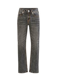 Black denim jeans with a straight leg design, featuring contrasting orange stitching, five pockets, and a button closure at the waist.