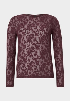 Langermet, gjennomsiktig burgunder topp med blonder mønster og rund hals, designet for kvinnemote.