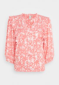 Blusa floral rosa com padrões de flores brancas, ombros franzidos, decote em V e mangas longas e bufantes. Apresenta fecho com botão na frente.