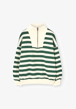 Gestreepte pullover in groen en roomkleur, met een hoge kraag, halve rits en een oversized pasvorm met elastische manchetten en zoom.