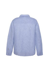 Camicia di lino azzurro chiaro con una vestibilità comoda, maniche lunghe e colletto; presenta un leggero motivo testurizzato e polsini con bottoni.