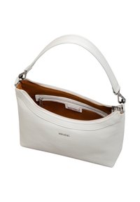 Weiße Lederhandtasche mit geschwungener Form, strukturierter Außenseite, braunem Stoffinnenfutter, Reißverschlusstasche und kurzem Henkel.