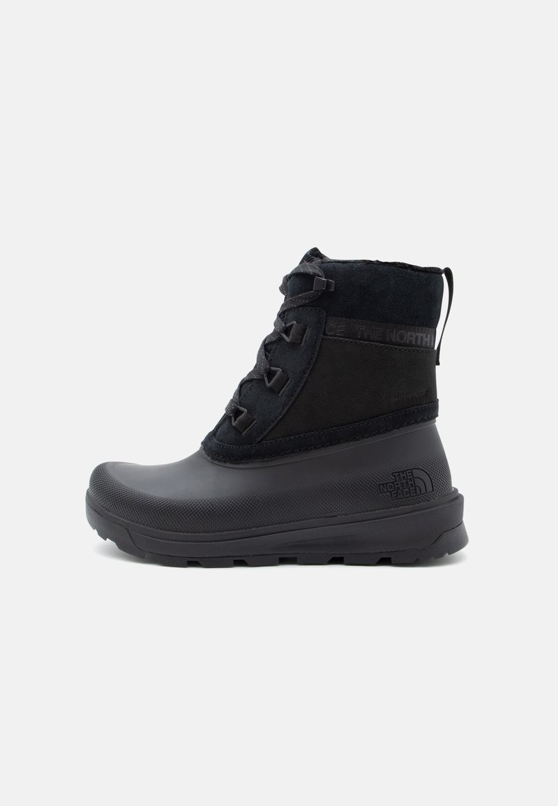 Black waterproof winter boot with lace-up front, pull tab at heel, and "The North Face" logo on side and upper shaft.