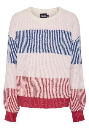 Maglione lavorato a maglia con strisce orizzontali in rosa, bianco, blu e rosso. Collo rotondo, texture a coste e maniche lunghe.