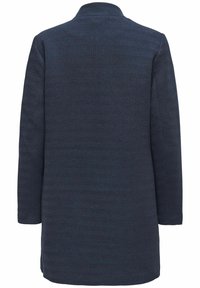 Cappotto blu navy con un motivo a spina di pesce, maniche lunghe e colletto. Il retro presenta un taglio dritto e orlo con fessura.