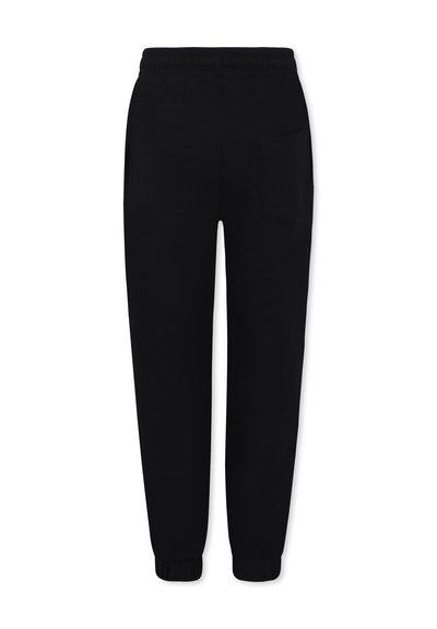 Zwarte katoenen sweatpants met een elastische tailleband, zijzakken en geribde boorden. Eenvoudig ontwerp met een enkele achterzak.